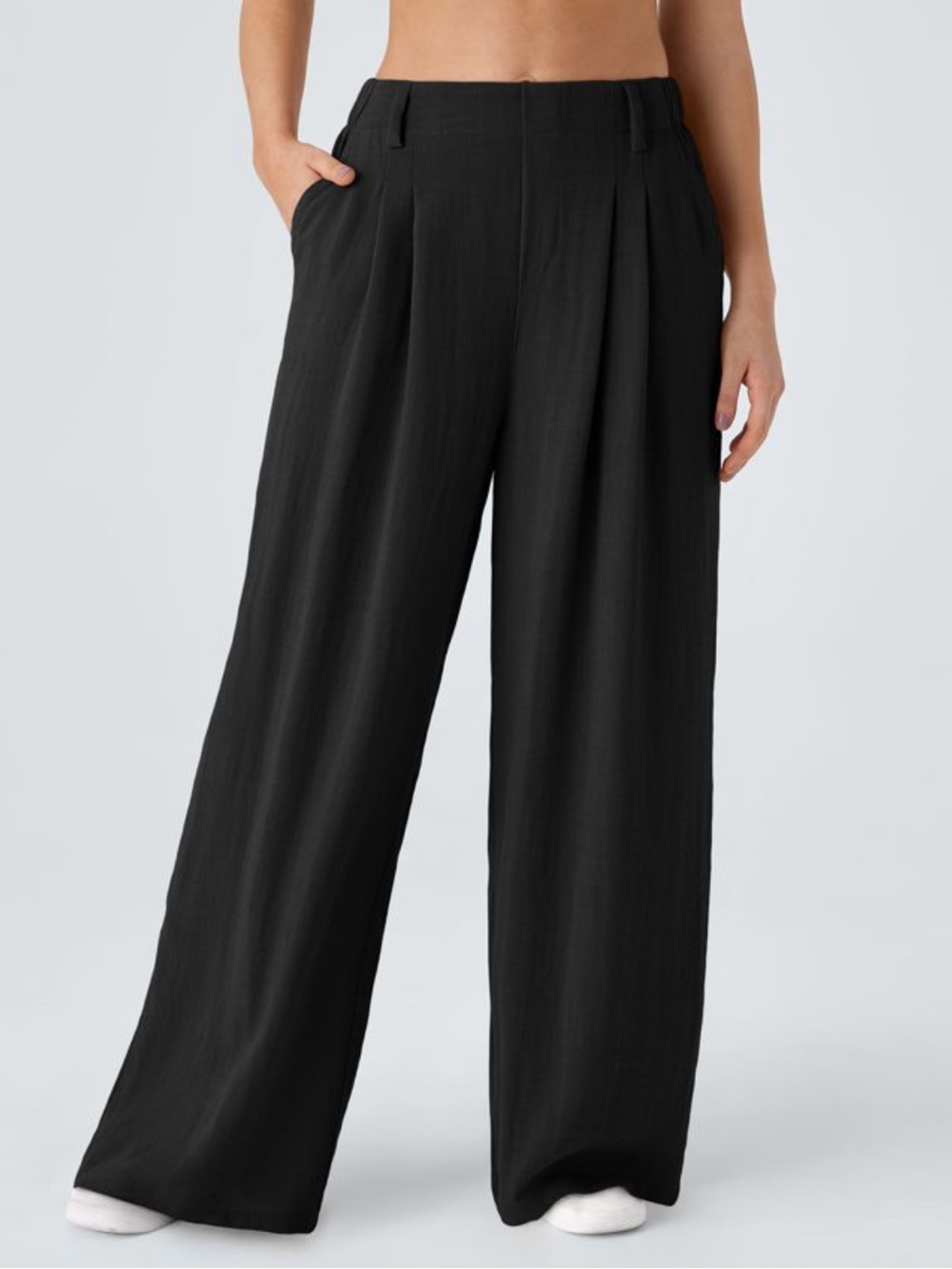 HALARA High Waisted Pocket Wide Leg Flowy Solid Palazzo Casual Linen-Feel Pants